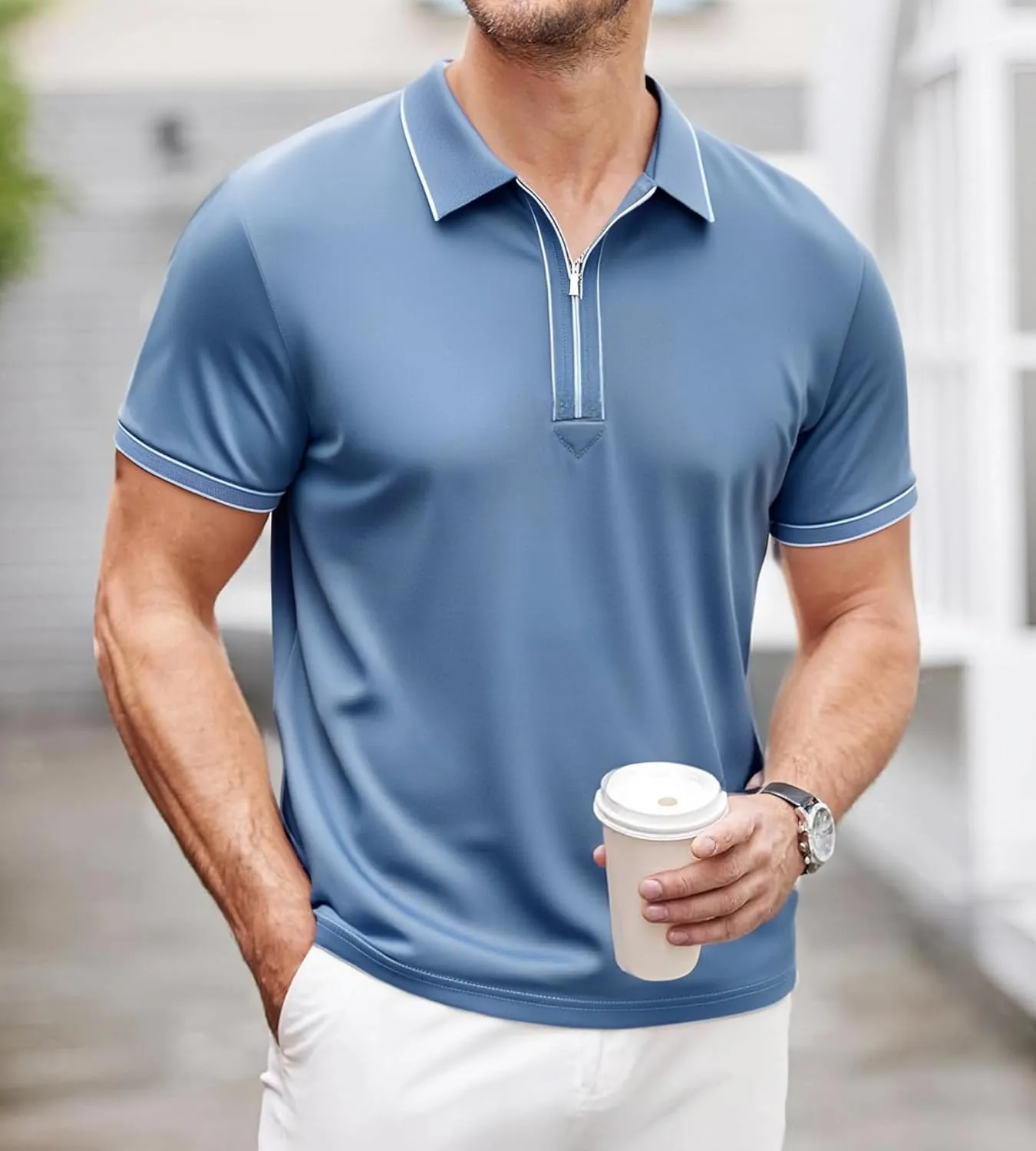 Alex Vando Mens Zipper Golf Shirt Moisture Wicking Zip Up Solid Fashion Polo Shirts