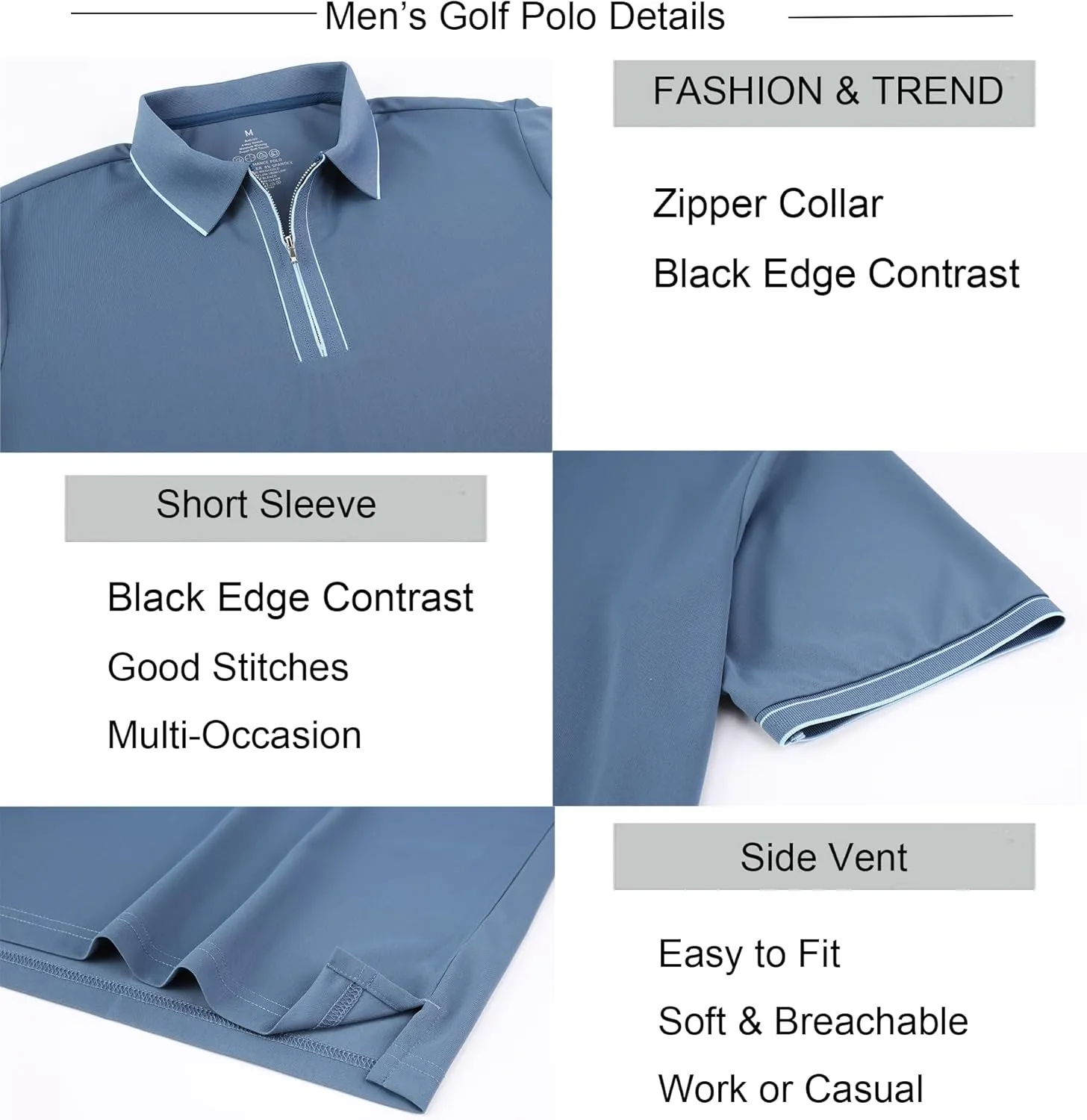 Alex Vando Mens Zipper Golf Shirt Moisture Wicking Zip Up Solid Fashion Polo Shirts