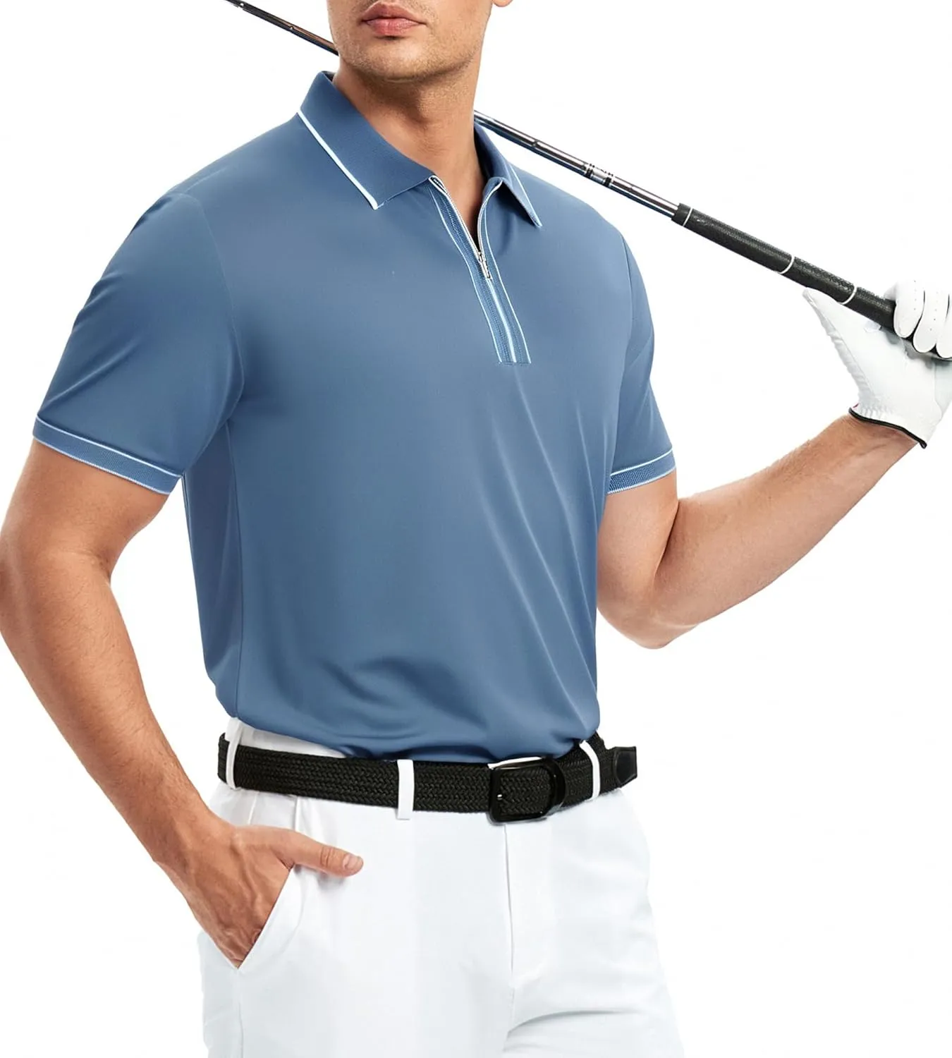 Alex Vando Mens Zipper Golf Shirt Moisture Wicking Zip Up Solid Fashion Polo Shirts
