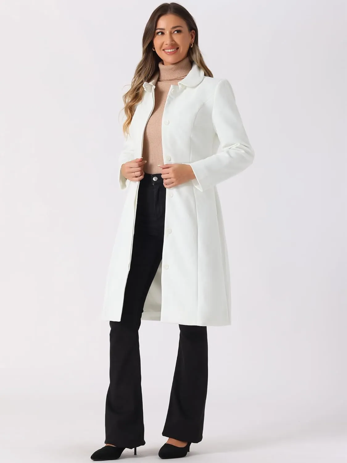 Allegra K Winter Trench Coat for Women's Vintage Peter Pan Collar Single Breasted Long Overcoat Peacoat