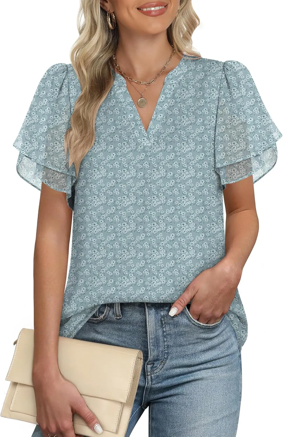 ANRABESS Womens Dressy Casual Blouses Chiffon V Neck Petal Short Sleeve Shirts 2025 Summer Business Work Tops