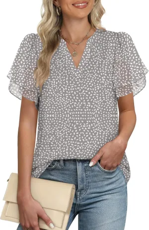 ANRABESS Womens Dressy Casual Blouses Chiffon V Neck Petal Short Sleeve Shirts 2025 Summer Business Work Tops