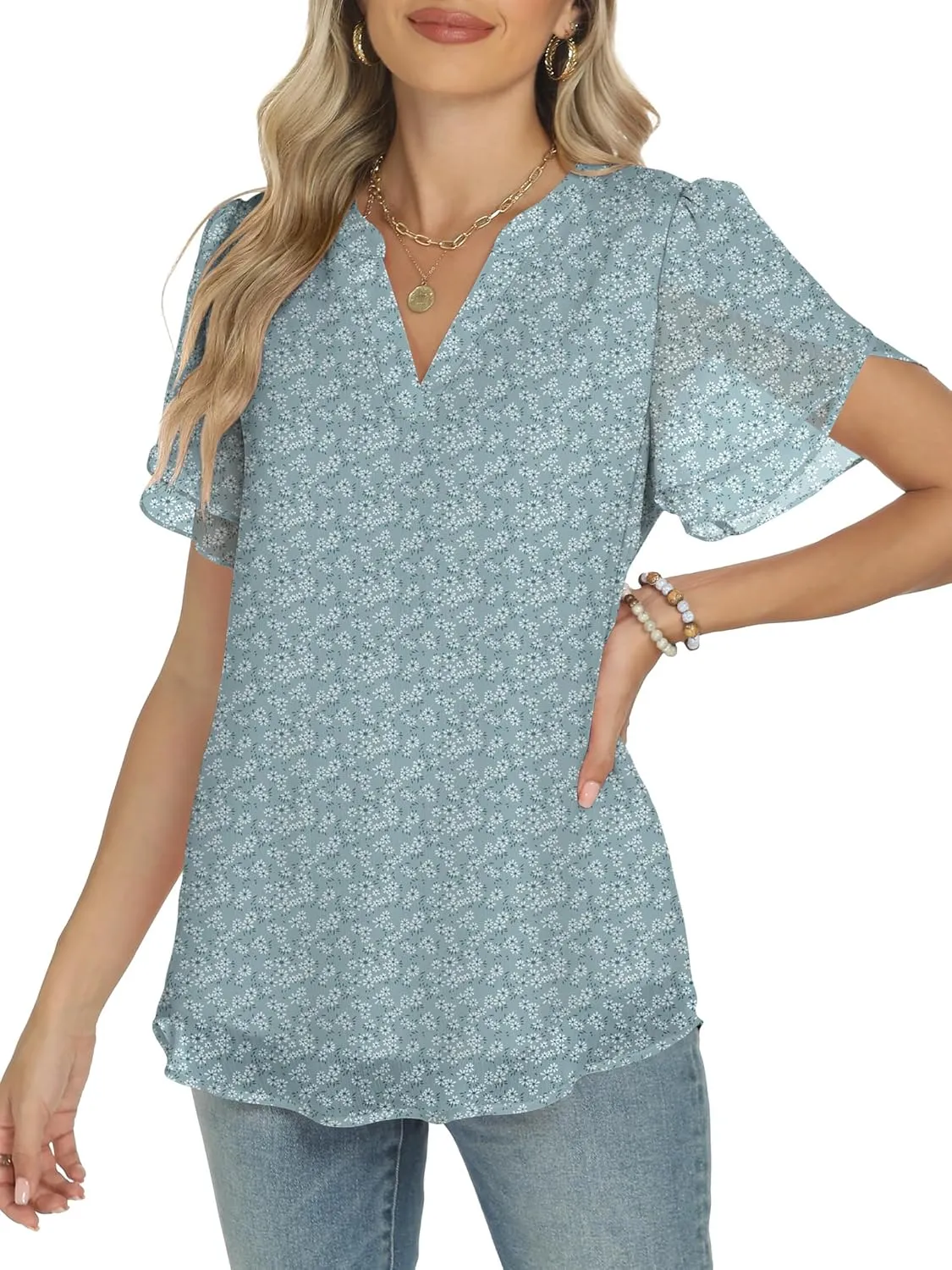 ANRABESS Womens Dressy Casual Blouses Chiffon V Neck Petal Short Sleeve Shirts 2025 Summer Business Work Tops