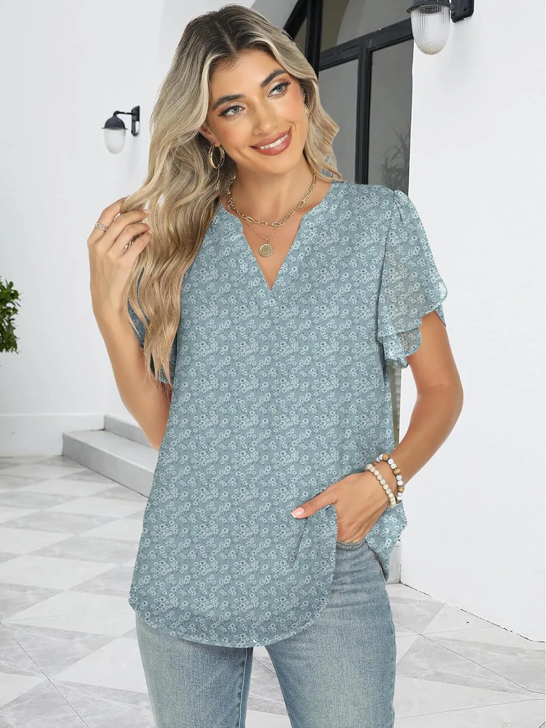 ANRABESS Womens Dressy Casual Blouses Chiffon V Neck Petal Short Sleeve Shirts 2025 Summer Business Work Tops