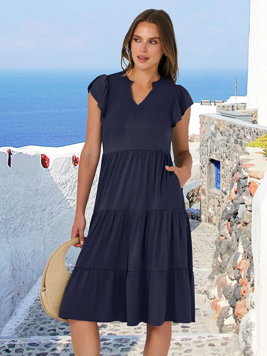 ANRABESS Womens Summer Dress Ruffle Sleeve V Neck Midi Dresses Fashion Casual Fit Flowy Tiered Boho Beach Vacation Sundress