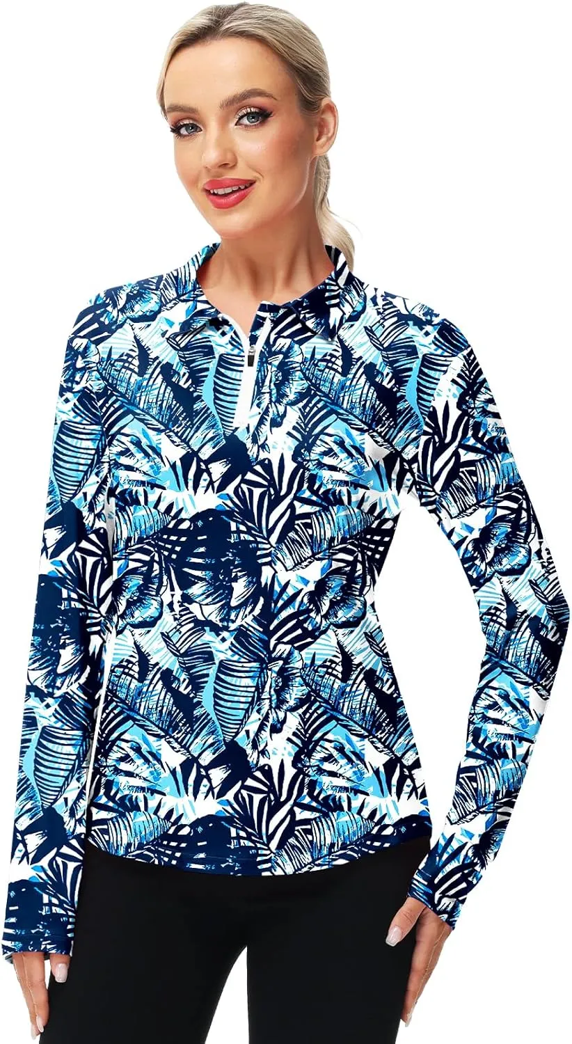 AOBUTE Women's Long Sleeve Golf Shirts Zip Polo Tennis Top with Thumb Hole