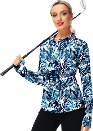 AOBUTE Women's Long Sleeve Golf Shirts Zip Polo Tennis Top with Thumb Hole