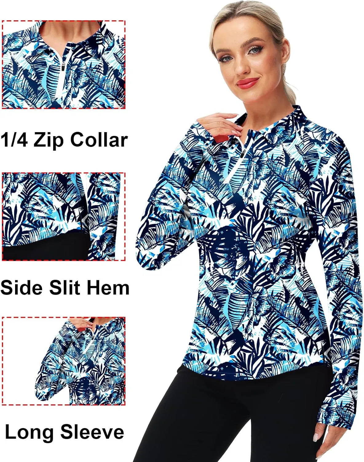 AOBUTE Women's Long Sleeve Golf Shirts Zip Polo Tennis Top with Thumb Hole
