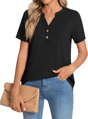 CATHY Womens Summer Tunic Tops Short Sleeve V-neck Henley Shirts Trendy Button Blouses