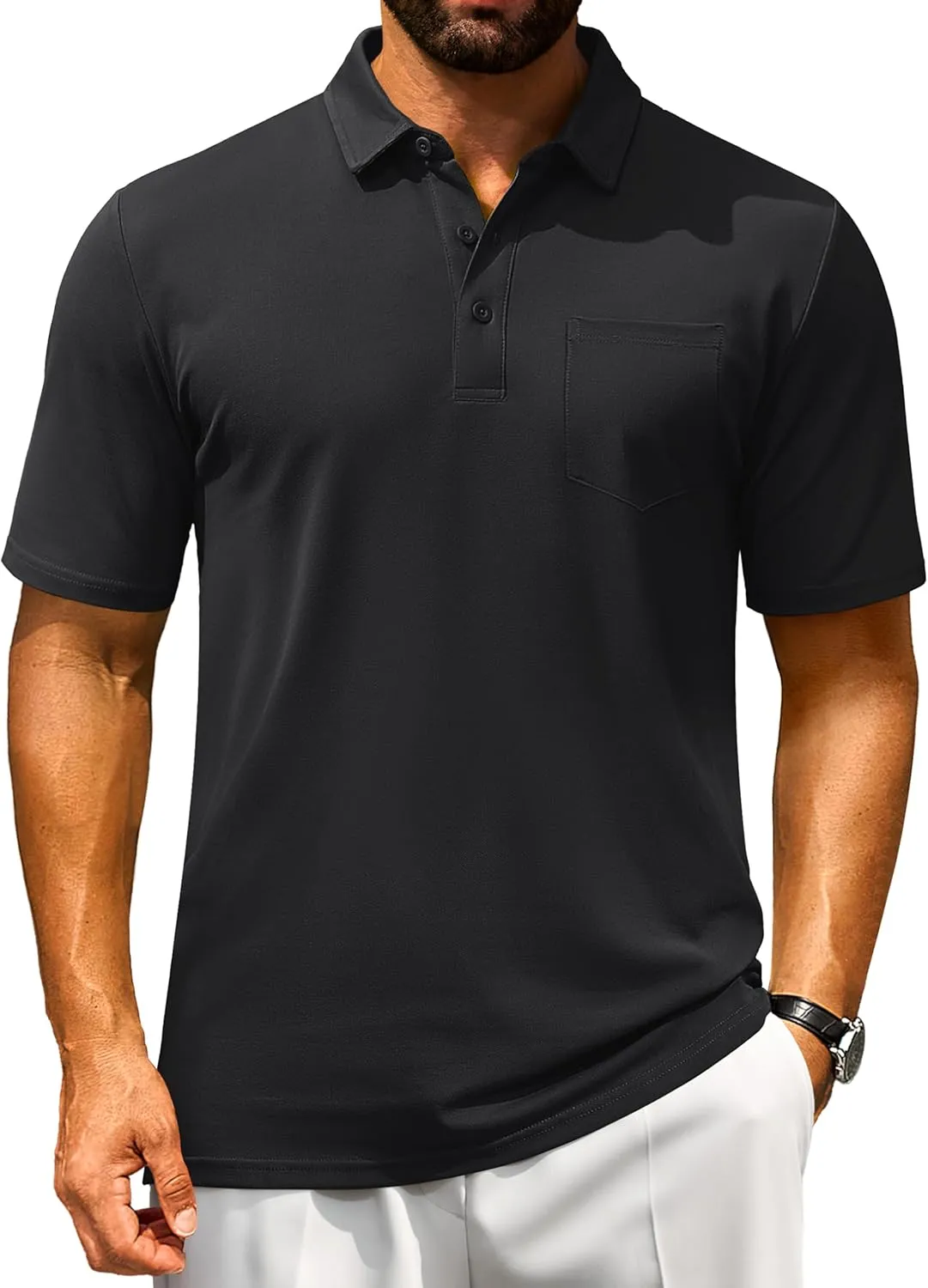 Cotrasen Polo Shirts for Men Cotton Pique Short Sleeve Pique Golf Shirts with Pocket Classic Casual Summer Collared T Shirt