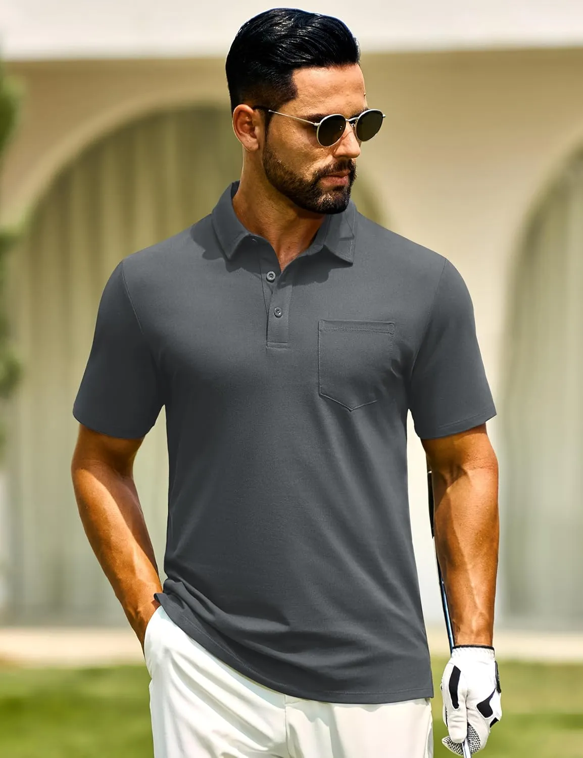 Cotrasen Polo Shirts for Men Cotton Pique Short Sleeve Pique Golf Shirts with Pocket Classic Casual Summer Collared T Shirt