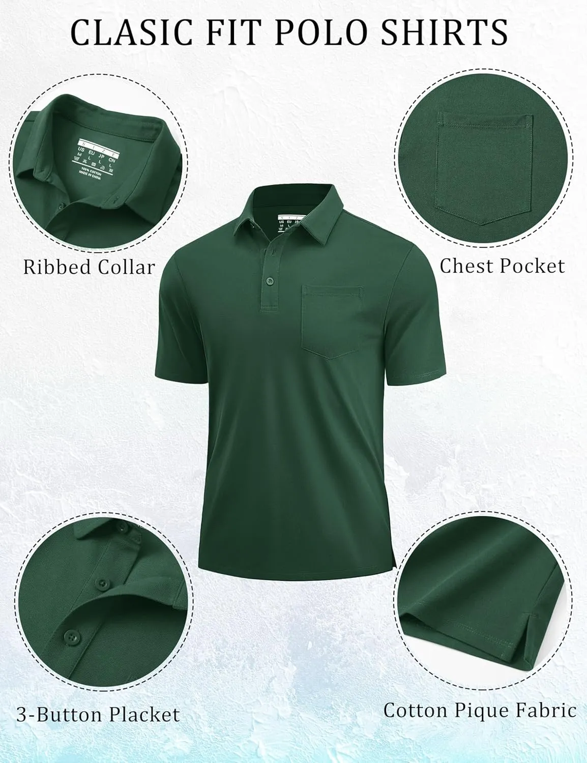 Cotrasen Polo Shirts for Men Cotton Pique Short Sleeve Pique Golf Shirts with Pocket Classic Casual Summer Collared T Shirt
