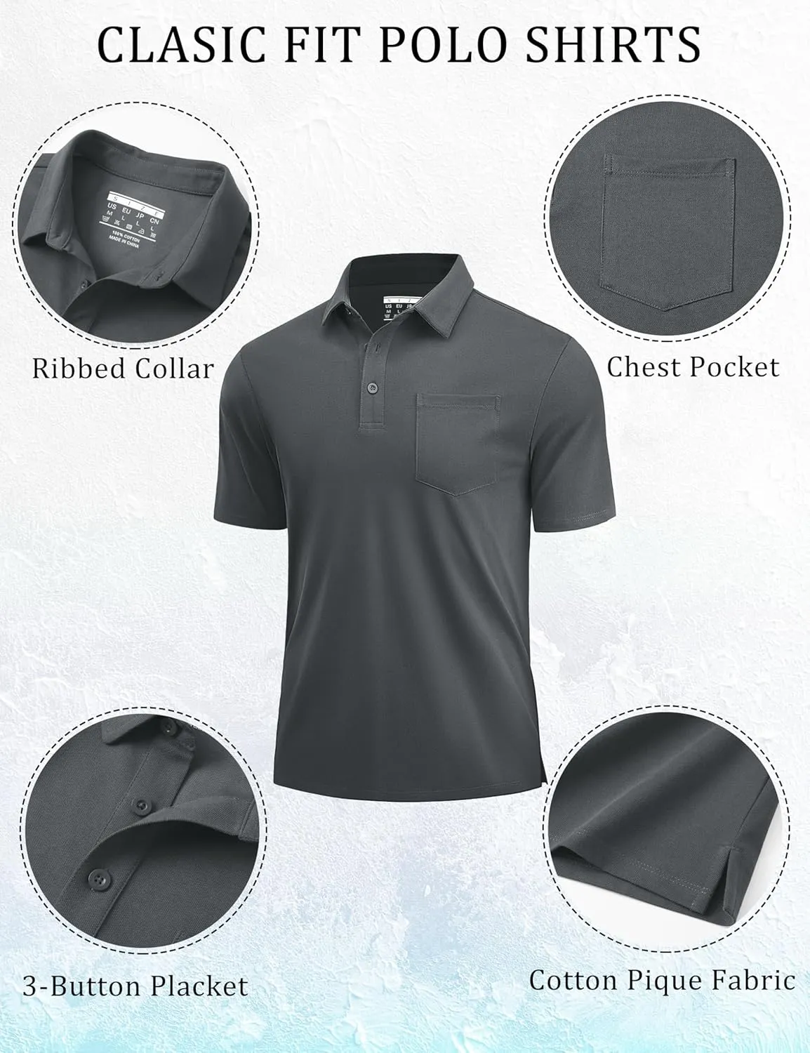 Cotrasen Polo Shirts for Men Cotton Pique Short Sleeve Pique Golf Shirts with Pocket Classic Casual Summer Collared T Shirt