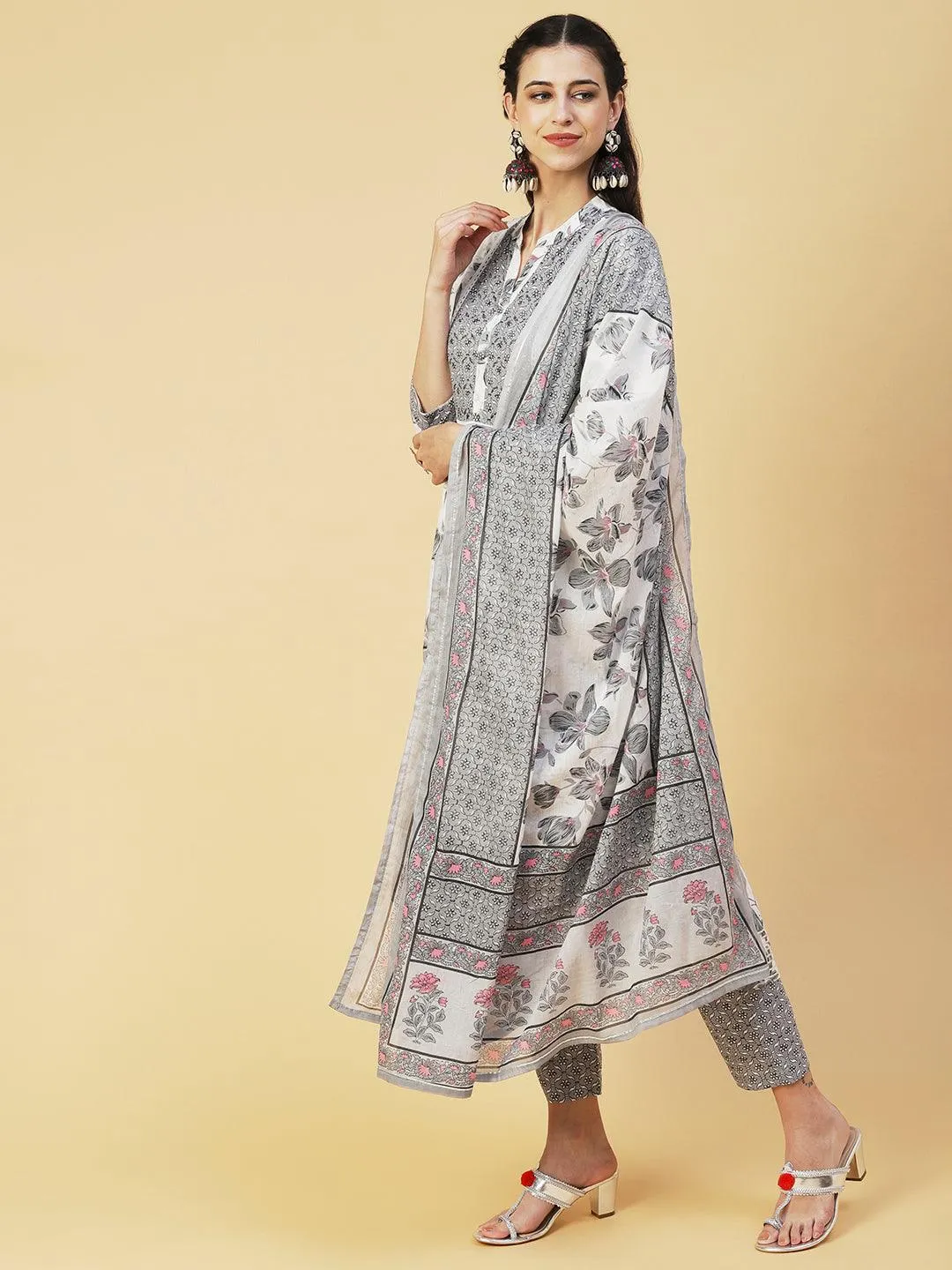 Floral Printed Hand Embroidered Kurta With Pants & Dupatta - White