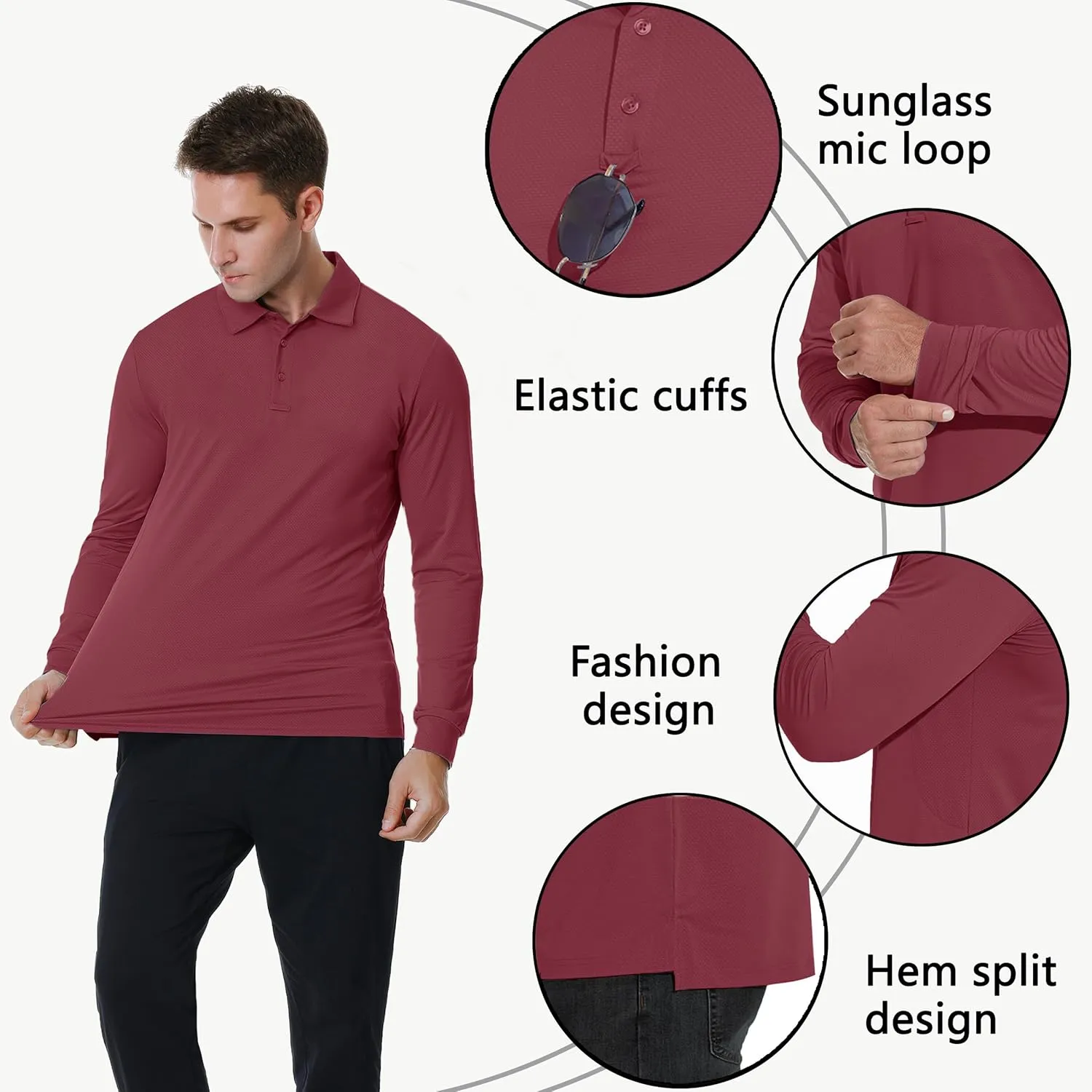 JWM Men's Long Sleeve Golf Polo Shirts - Athletic Casual Travel Performance Collar Shirts Lightweight Quick Dry UPF50