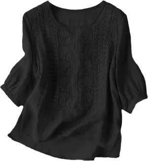 Linen Shirts for Women 2025 Women's Summer Linen 3/4 Sleeve Tunics Retro Embroidered Boho Loose Casual Styles
