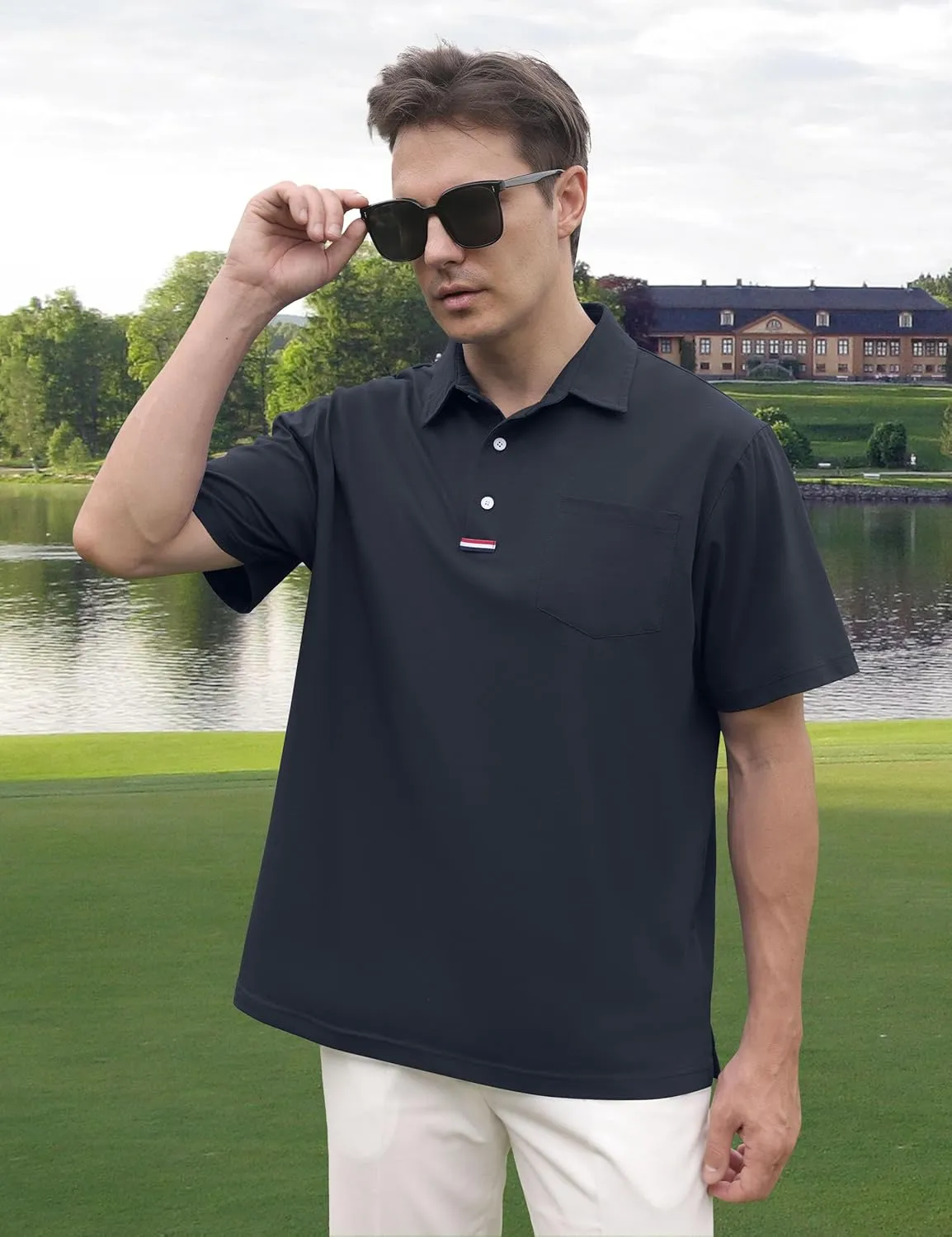 Men's Golf Polo Shirts Short Sleeve Moisture Wicking Dry Pocket Casual Cotton Blend Golf Shirts for Men