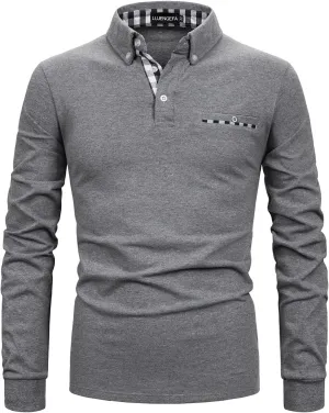 Mens Polo Shirts Long Sleeve Casual Plaid Collar Golf Shirt for Men Slim Fit Cotton Polo T Shirts Top