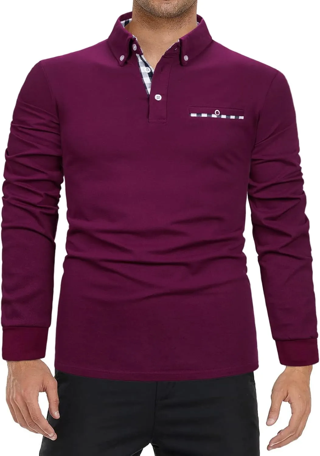 Mens Polo Shirts Long Sleeve Casual Plaid Collar Golf Shirt for Men Slim Fit Cotton Polo T Shirts Top