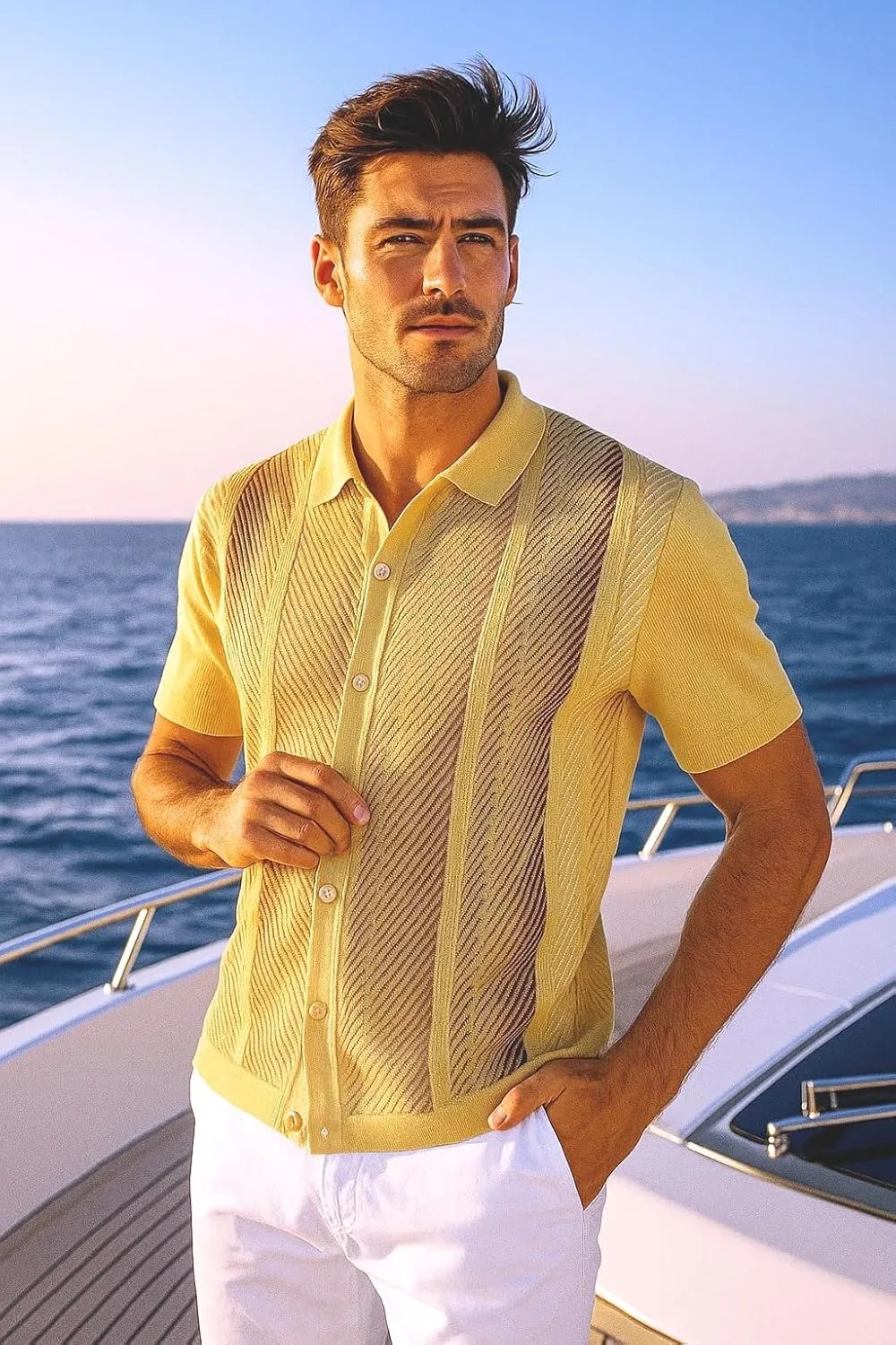 Mens Short Sleeve Knit Sports Shirt - Modern Polo Vintage Classics: Mlange Panel