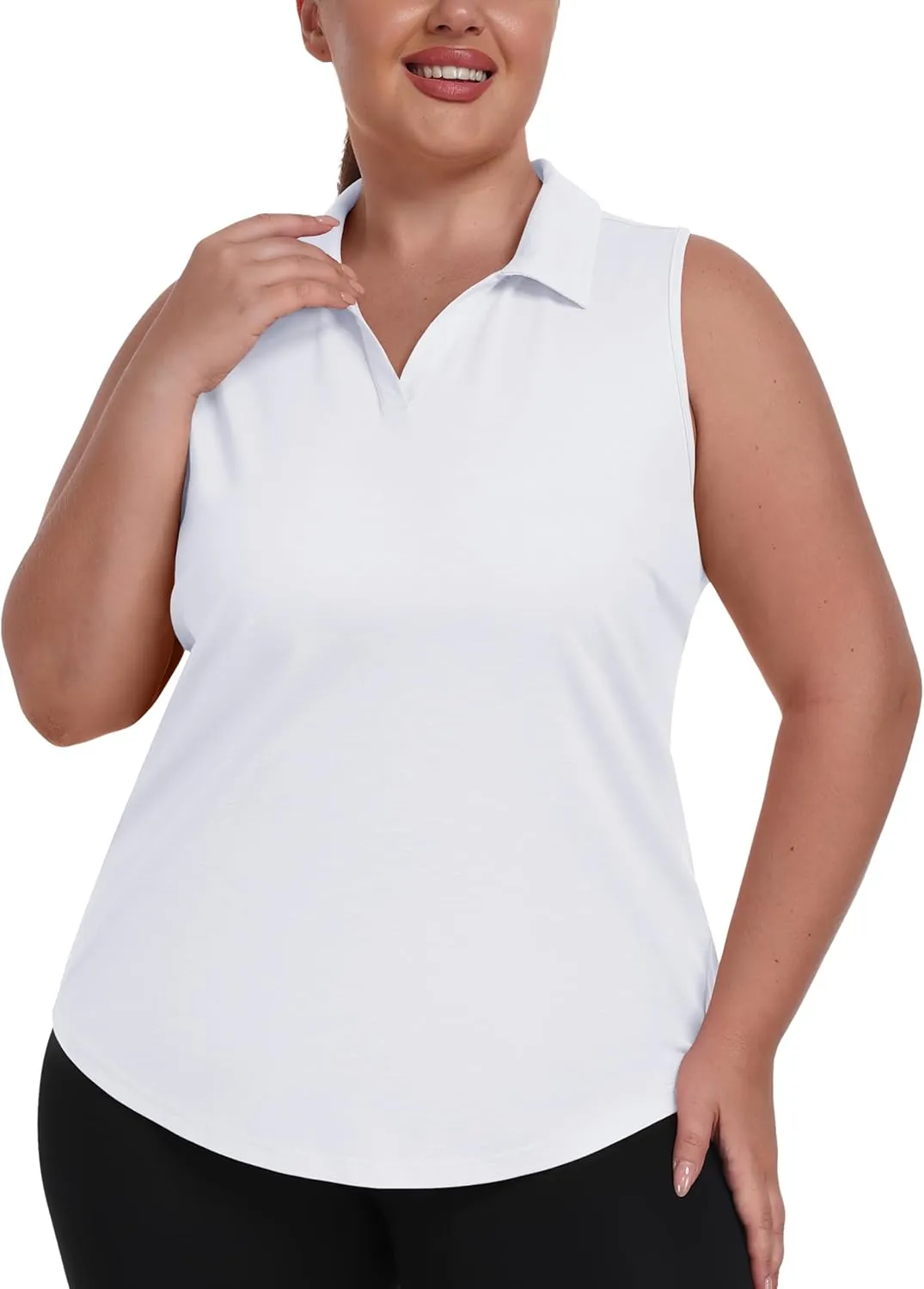 MoFiz Womens Plus Size Tennis Shirts Sleeveless V-Neck Activewear Golf Shirt Lightweight Fast Dry Collared Hiking Polo Tops White 3XL