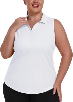 MoFiz Womens Plus Size Tennis Shirts Sleeveless V-Neck Activewear Golf Shirt Lightweight Fast Dry Collared Hiking Polo Tops White 3XL
