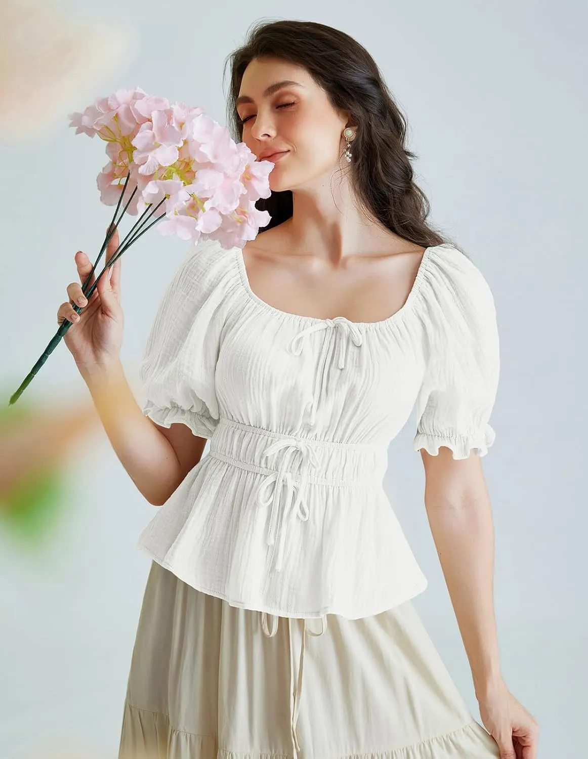Scarlet Darkness Women Tie Front Tops Renaissance Puff Sleeve Blouse Peasant Peplum Shirts