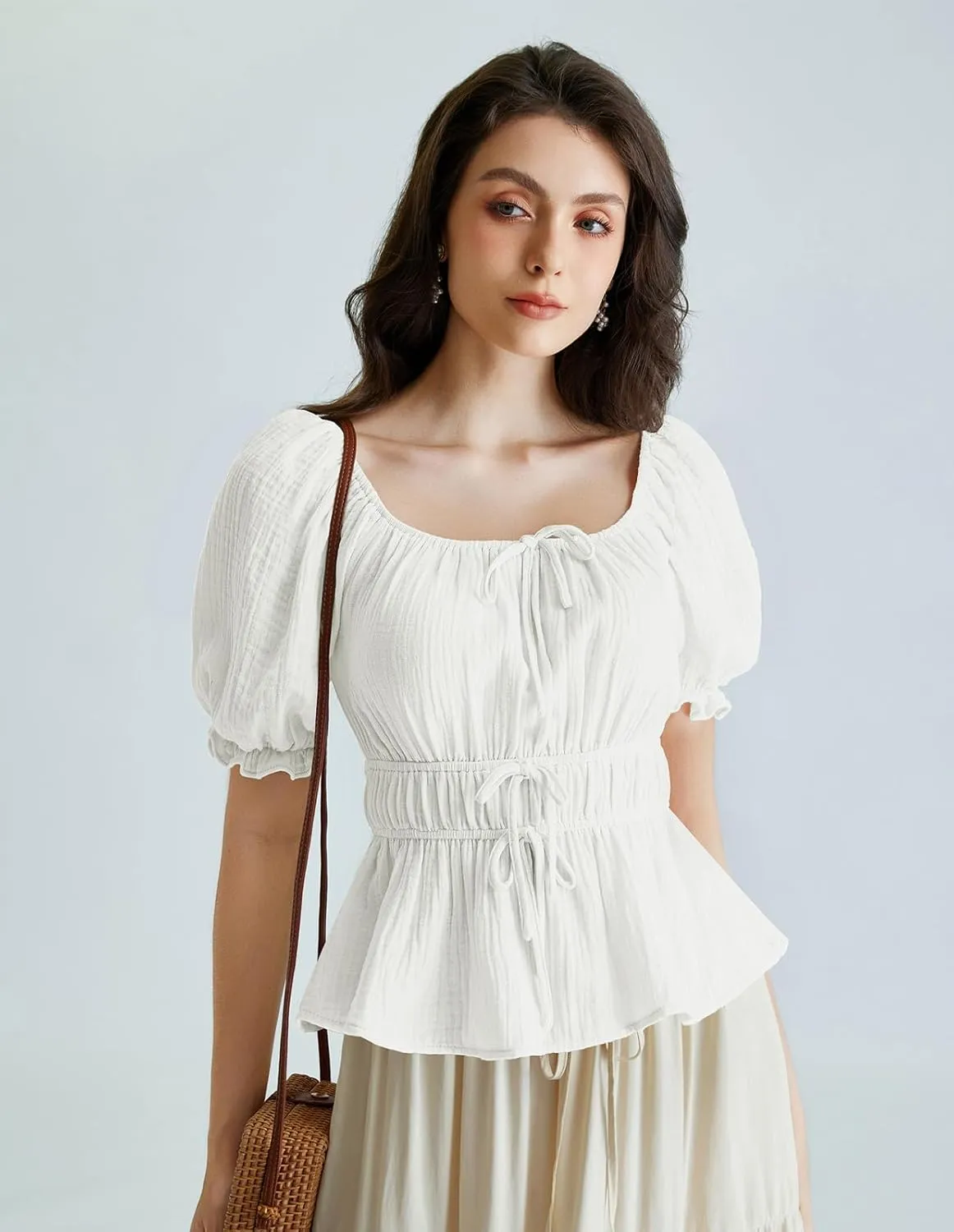 Scarlet Darkness Women Tie Front Tops Renaissance Puff Sleeve Blouse Peasant Peplum Shirts