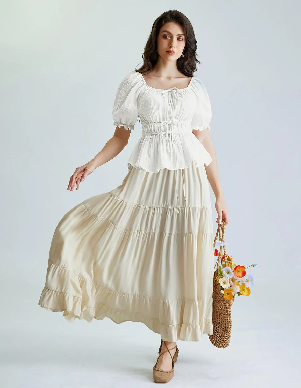 Scarlet Darkness Women Tie Front Tops Renaissance Puff Sleeve Blouse Peasant Peplum Shirts