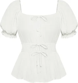 Scarlet Darkness Women Tie Front Tops Renaissance Puff Sleeve Blouse Peasant Peplum Shirts