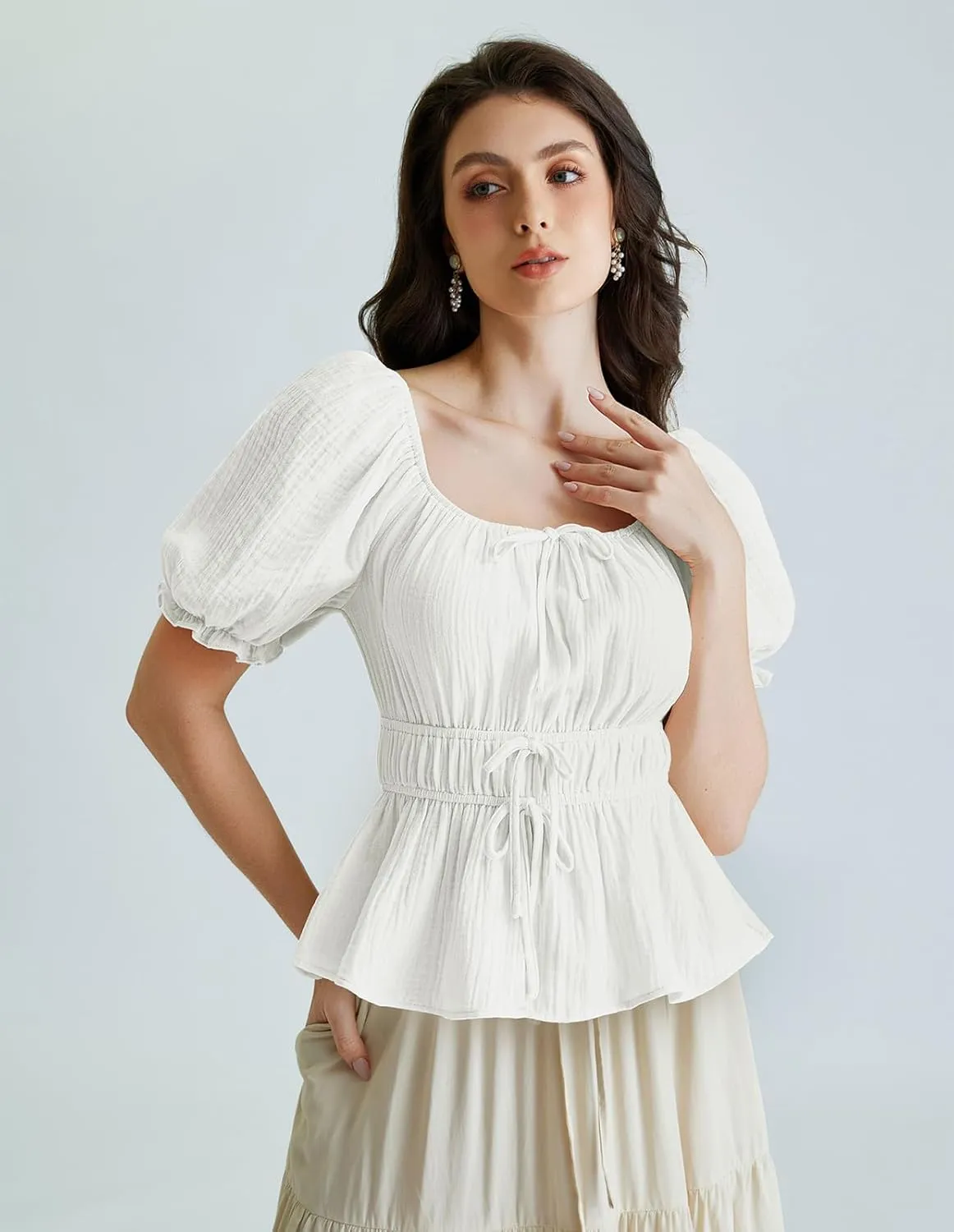 Scarlet Darkness Women Tie Front Tops Renaissance Puff Sleeve Blouse Peasant Peplum Shirts