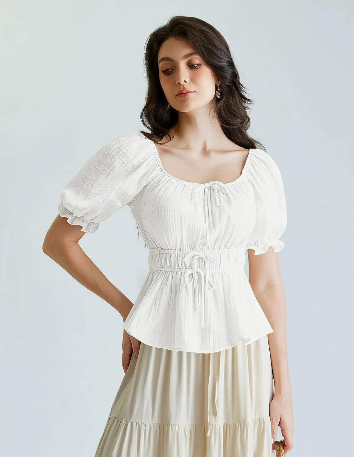 Scarlet Darkness Women Tie Front Tops Renaissance Puff Sleeve Blouse Peasant Peplum Shirts