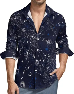 Space Galaxy Constellation Men's Shirt Loose Fit Long Sleeve Blue Stars Casual Shirt Size Large