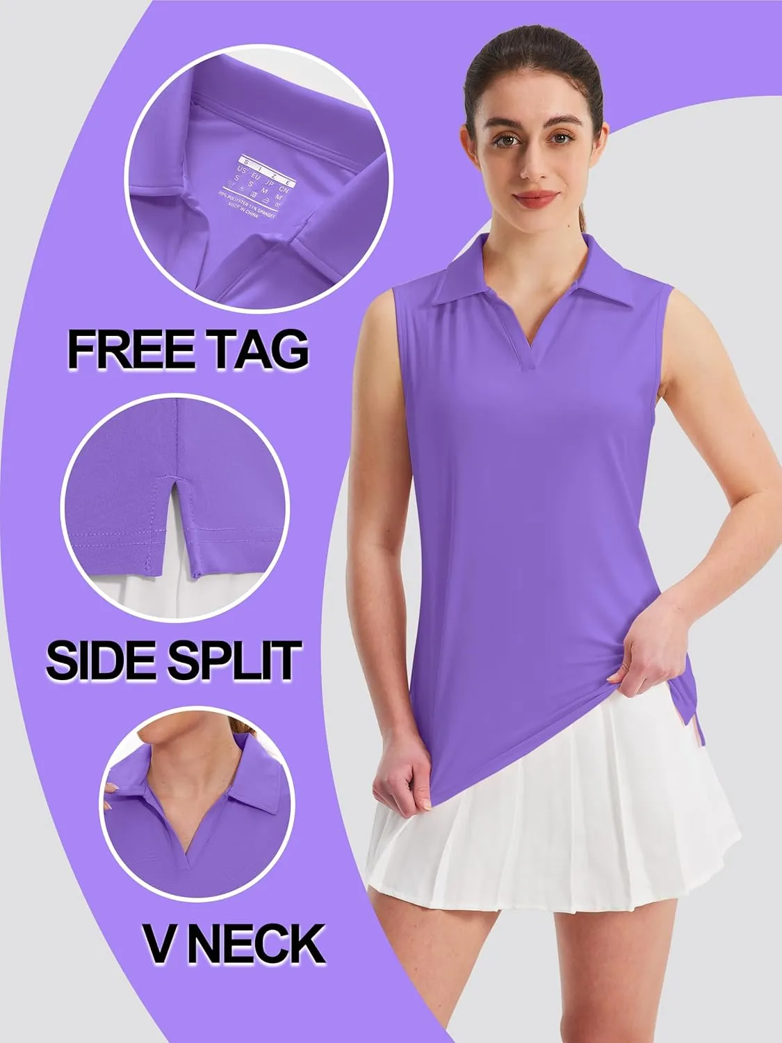 TACVASEN Womens Golf Shirt Sleeveless UPF 50  Polo Shirts Collared Tennis Tops V Neck Athletic Workout Tank Quick Dry