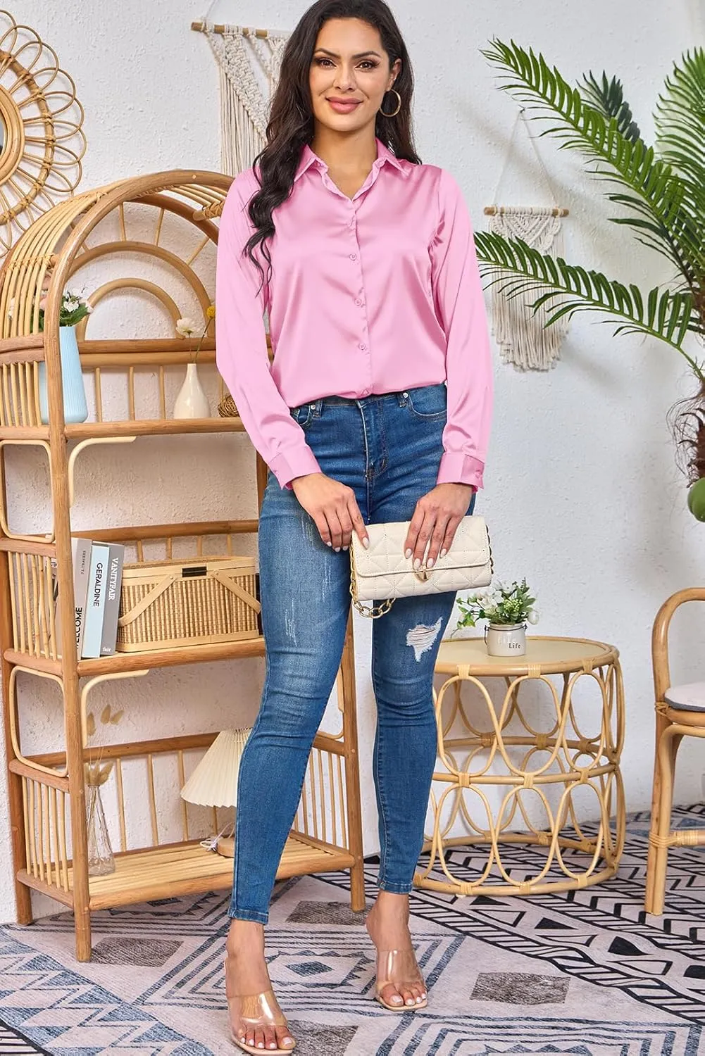 Women Silky Long Sleeve Button Down Shirts Formal Work Dress Shirt Satin Blouses Tops