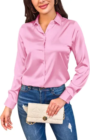 Women Silky Long Sleeve Button Down Shirts Formal Work Dress Shirt Satin Blouses Tops