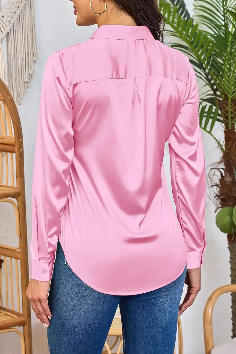 Women Silky Long Sleeve Button Down Shirts Formal Work Dress Shirt Satin Blouses Tops