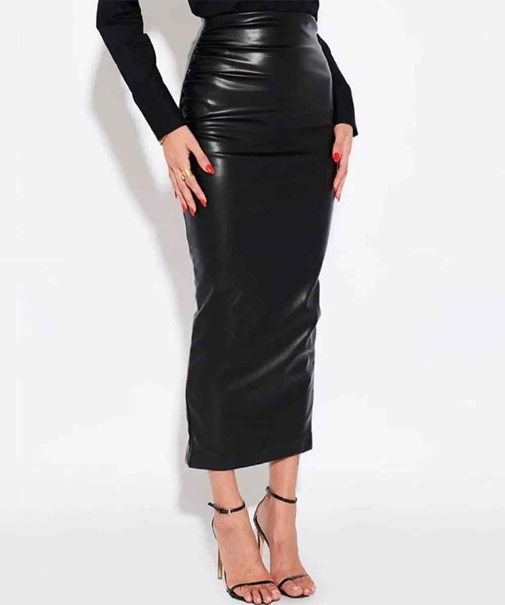 Women's Sexy High Waist Midi Leather Skirts Slim Fit HIPS Wrap with Slit Pencil Midi Straight Skirt