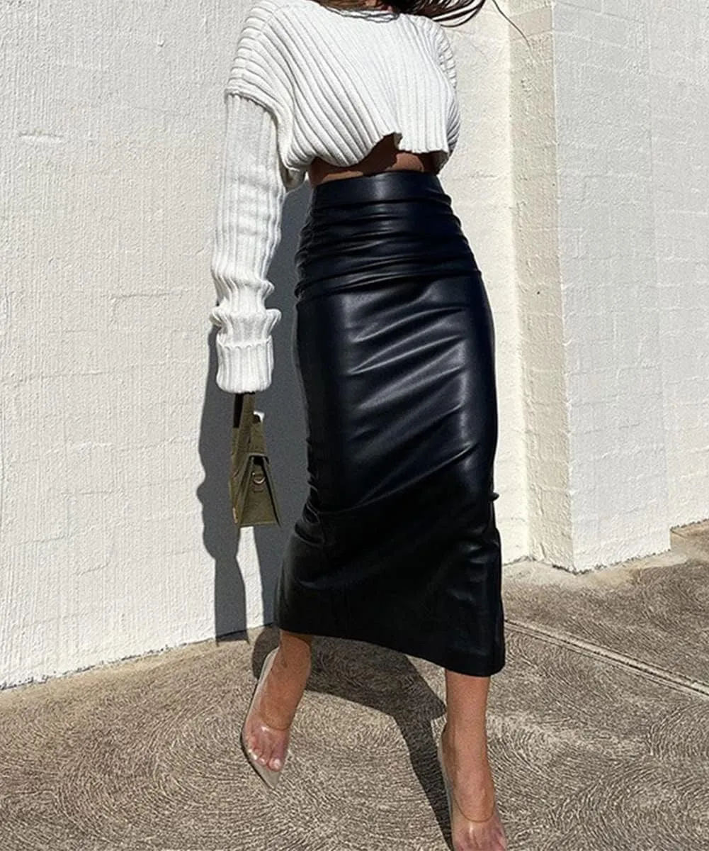 Women's Sexy High Waist Midi Leather Skirts Slim Fit HIPS Wrap with Slit Pencil Midi Straight Skirt