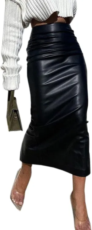 Women's Sexy High Waist Midi Leather Skirts Slim Fit HIPS Wrap with Slit Pencil Midi Straight Skirt