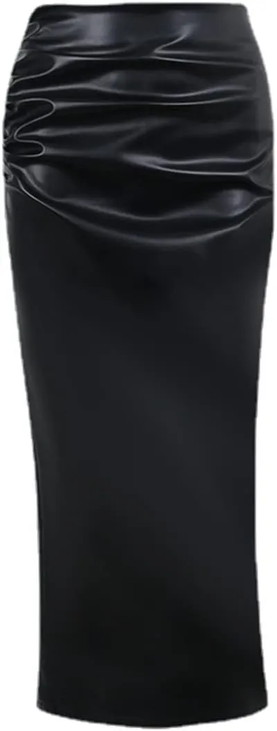 Women's Sexy High Waist Midi Leather Skirts Slim Fit HIPS Wrap with Slit Pencil Midi Straight Skirt